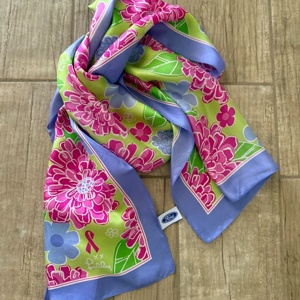 Lilly Pulitzer Ford Warriors in Pink Silk Floral Scarf Pink‎ Green Blue Ribbon